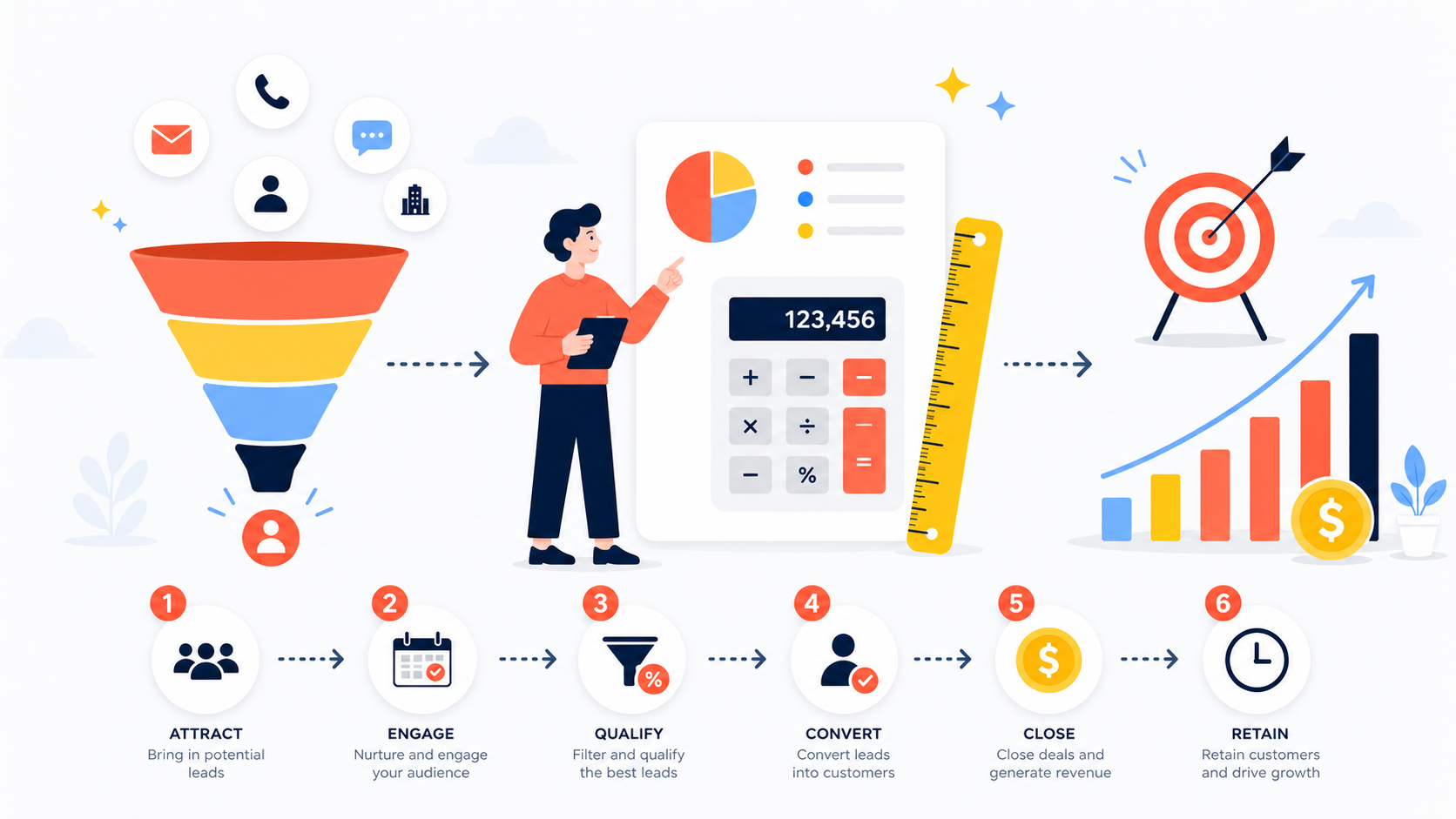 Sales funnel and revenue pipeline illustration showing lead generation steps from attract to retain