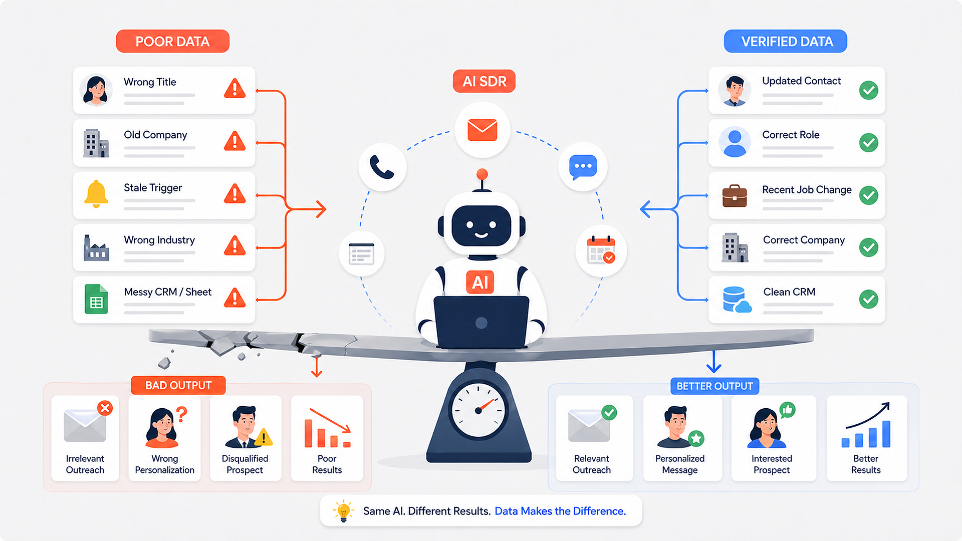 Illustration showing AI SDR automation balanced between poor data and verified data