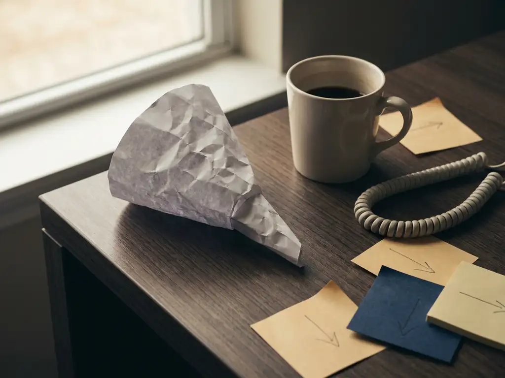 Crumpled paper sales funnel on a modern desk beside cold coffee, scattered sticky notes, and a disconnected phone cable.