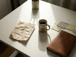 Crumpled sales letter beside a cold coffee cup on a white desk, with an unopened contact list and scattered sticky notes suggesting failed outreach planning.