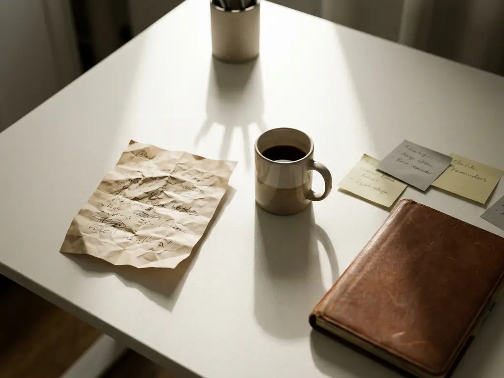 Crumpled sales letter beside a cold coffee cup on a white desk, with an unopened contact list and scattered sticky notes suggesting failed outreach planning.
