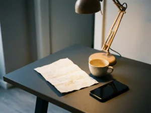 Crumpled cold email printout on a modern desk beside an empty coffee cup and silent phone, lit by a dim lamp.
