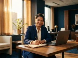Salesperson in a navy blazer writing a handwritten note at a modern desk beside a laptop, warm afternoon light from an office window.