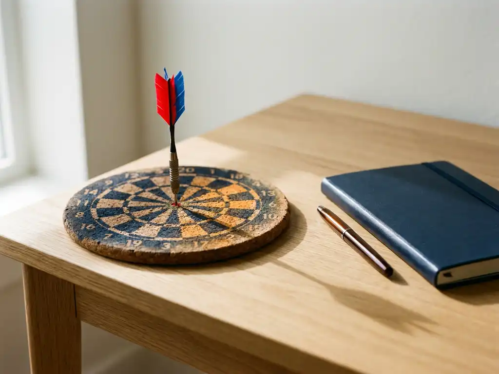 Dart hitting the bullseye of a weathered cork board on a modern desk beside a leather notebook and pen, soft window light.