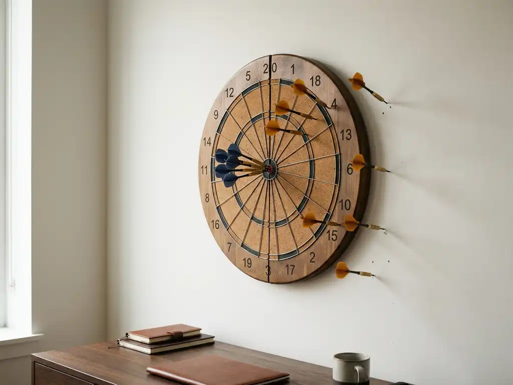 Dart board on white office wall with darts clustered in the bullseye on one half and scattered wide on the other, illustrating precision vs. failure.