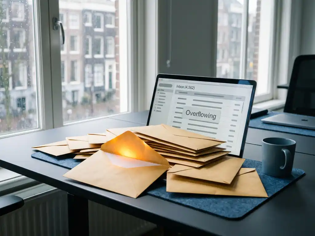 Laptop on Amsterdam office desk buried under unopened envelopes, one highlighted open email amid overflowing inbox, cool blue-grey tones.