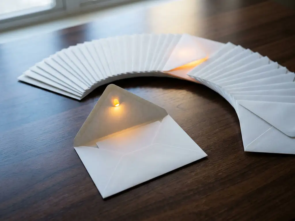 Open white envelope on dark desk among 99 sealed envelopes, one glowing amber to represent a single reply received.