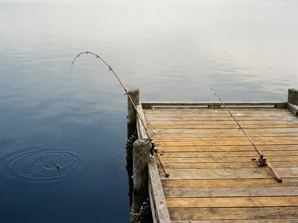 Fishing rod bent with a catch beside an untouched rod on a weathered wooden dock over calm navy water.