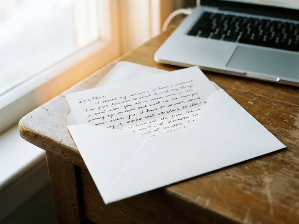Open white envelope with a handwritten letter on a minimalist desk, soft natural light, laptop blurred in the background.