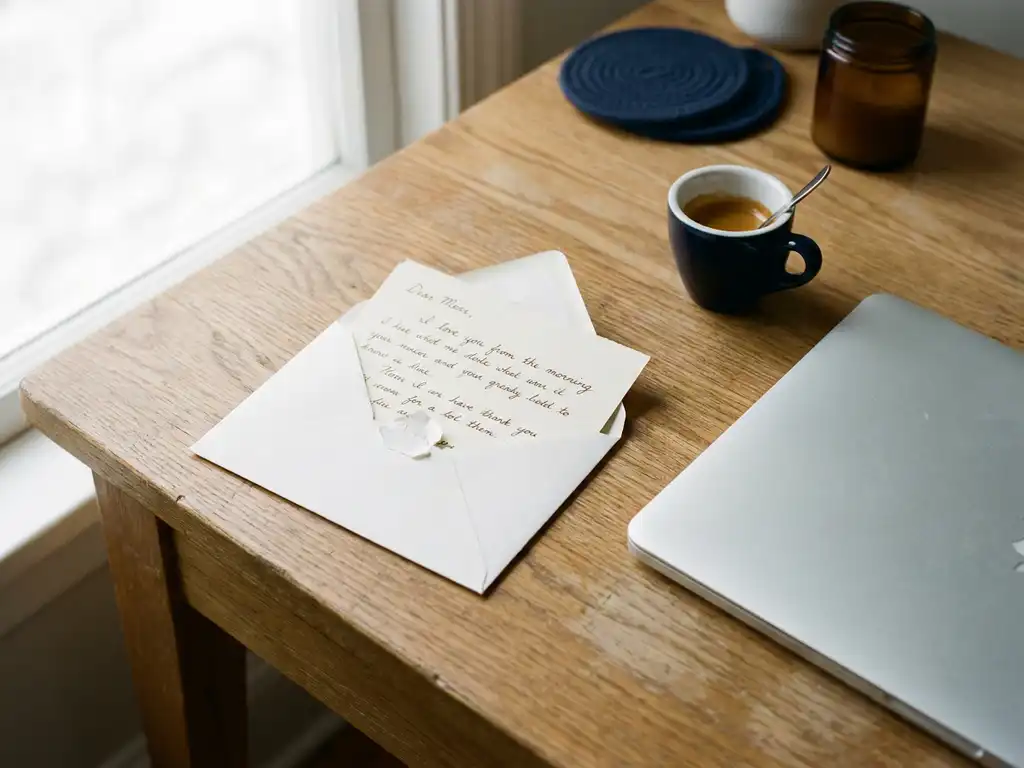 Open white envelope with handwritten note on oak desk beside a laptop and espresso cup in soft morning light.
