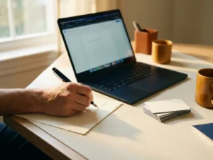 Professional hand writing a note beside an open laptop on a minimalist desk, with stacked business cards and warm afternoon light.
