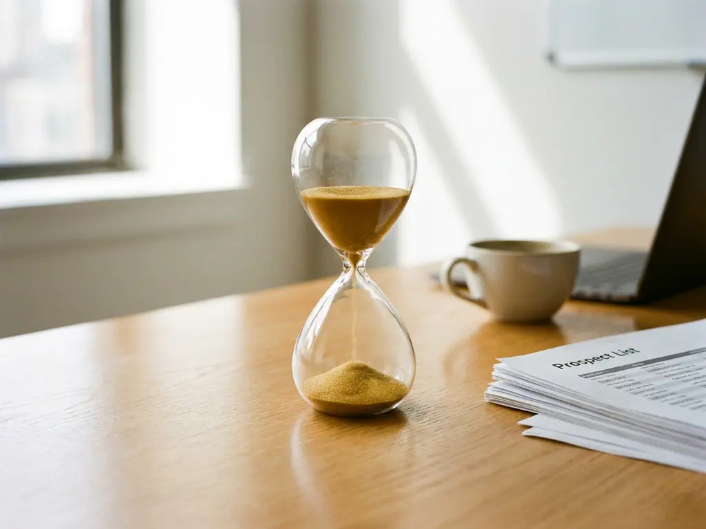 Hourglass with golden sand on a modern office desk, blurred prospect list and coffee cup in background, natural window light.