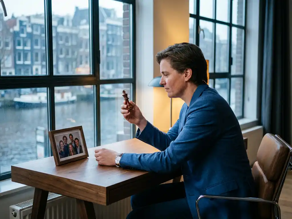 Professional weighing a chess piece at a modern desk beside a small team photo, symbolizing the in-house vs. agency decision.