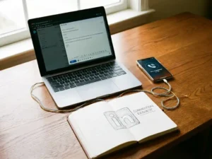 Wooden desk with open laptop, smartphone on a call, and hardcover notebook arranged in a triangle, connected by string in warm amber and slate blue light.
