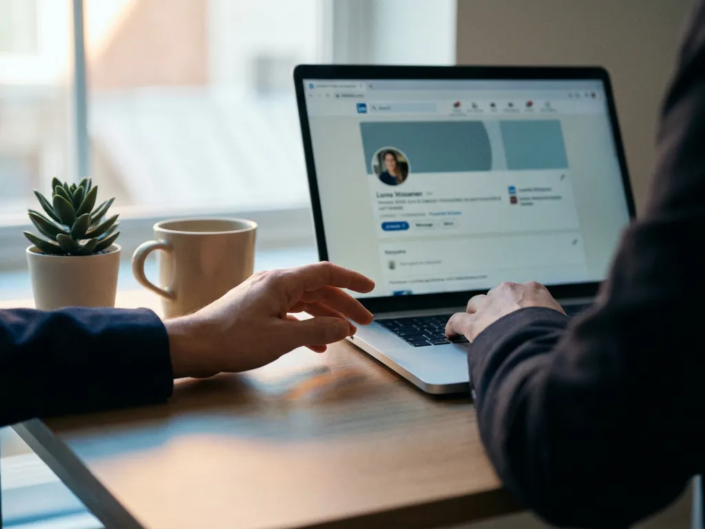 Professional's hand poised over laptop keyboard displaying a LinkedIn profile, beside a succulent and ceramic mug on a modern desk.