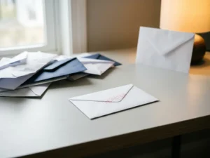 Sealed white envelope with red rejection stamp on a modern desk, surrounded by crumpled envelopes, one pristine envelope in warm spotlight.