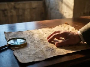 Researcher's hand tracing a hand-drawn map on aged parchment beside a magnifying glass, highlighting unmarked territory in warm amber light.