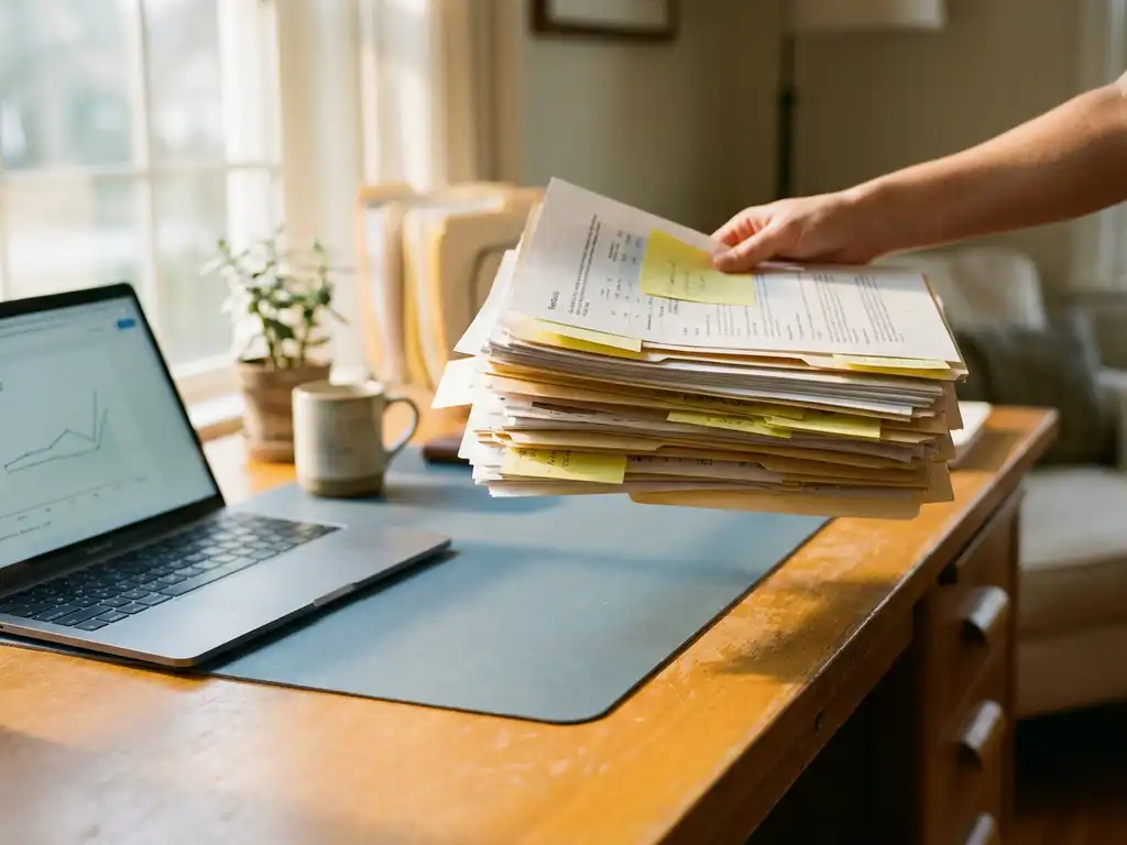 Cluttered sales desk with folders and sticky notes being cleared away, revealing a clean surface with an open laptop in warm window light.