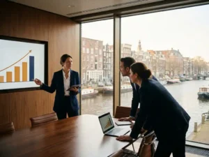 Professional presenting a sales growth chart to executives in an Amsterdam boardroom with canal views through floor-to-ceiling windows.