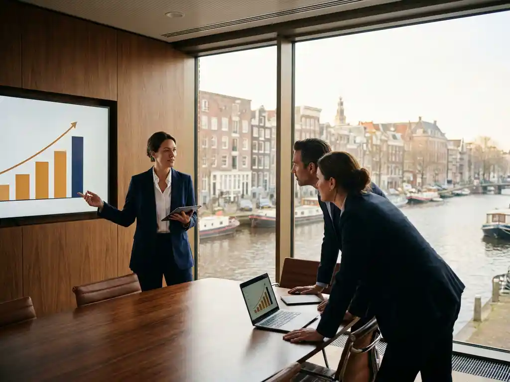 Professional presenting a sales growth chart to executives in an Amsterdam boardroom with canal views through floor-to-ceiling windows.