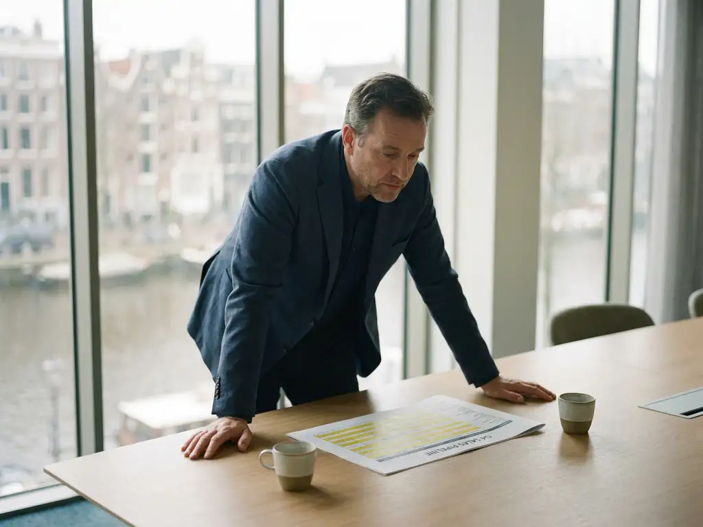 Sales manager reviewing a highlighted pipeline report on a conference table, Amsterdam canal softly visible through floor-to-ceiling windows.