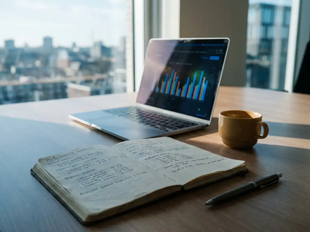 Sales professional's desk with handwritten performance metrics notebook, laptop displaying bar charts, and coffee cup in a sunlit Amsterdam office.