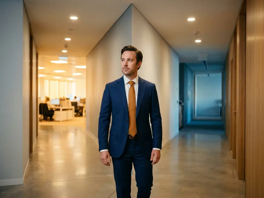 Sales professional pausing at a corridor fork, one path leading to a bright modern B2B office with warm amber lighting and polished concrete floors.