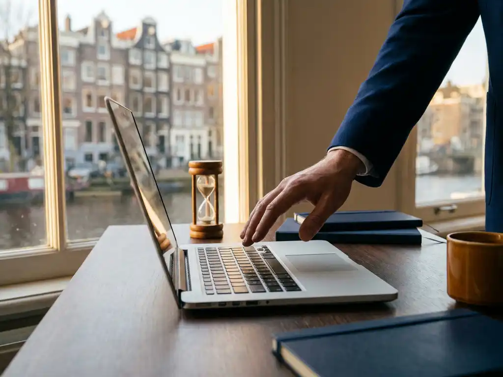 Sales professional's hand hovering over a laptop keyboard beside a small hourglass, warm Amsterdam canal light filtering through a window.