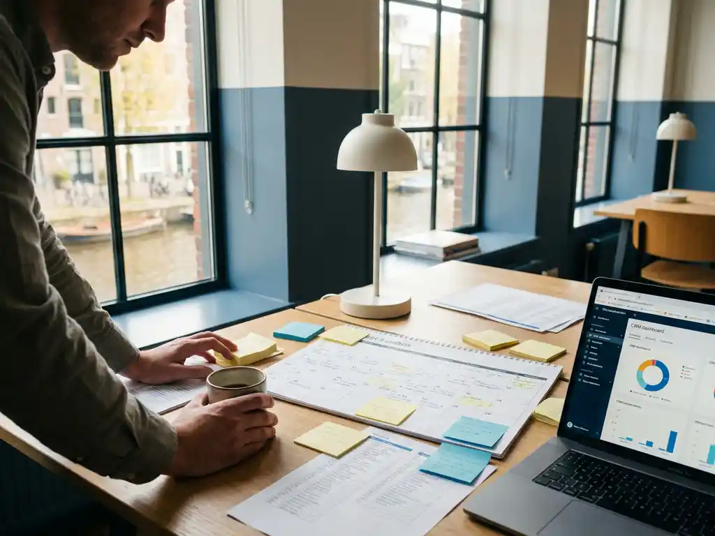 Sales rep reviewing CRM dashboard on laptop amid sticky notes and prospect lists on a cluttered desk calendar in a modern Amsterdam office.