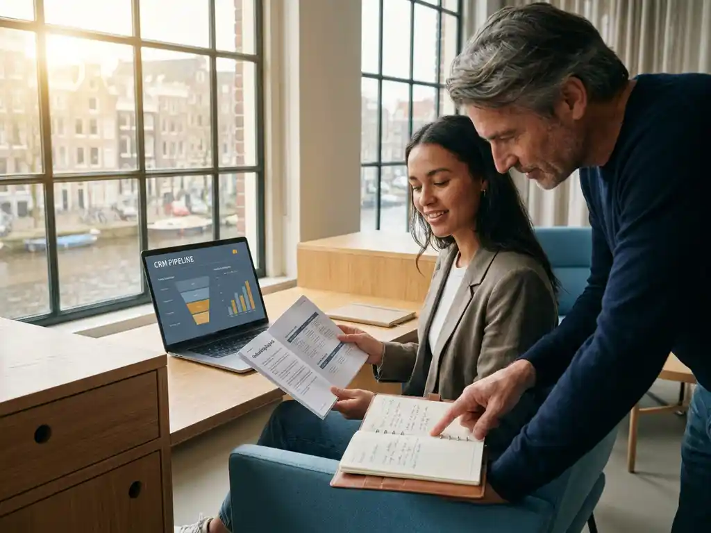 Young sales rep and senior colleague reviewing an onboarding playbook at a modern desk with a CRM dashboard on a nearby laptop.