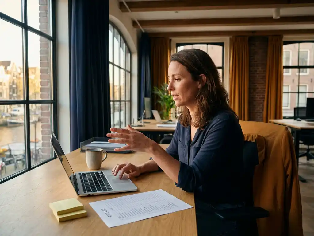 Sales rep at organized desk with laptop, sticky notes, coffee mug, and call list mid-outreach in a sunlit Amsterdam office.