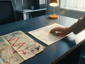 Confident hand smoothing a clean printed sales territory plan beside a crumpled, incorrect paper map on a modern desk.