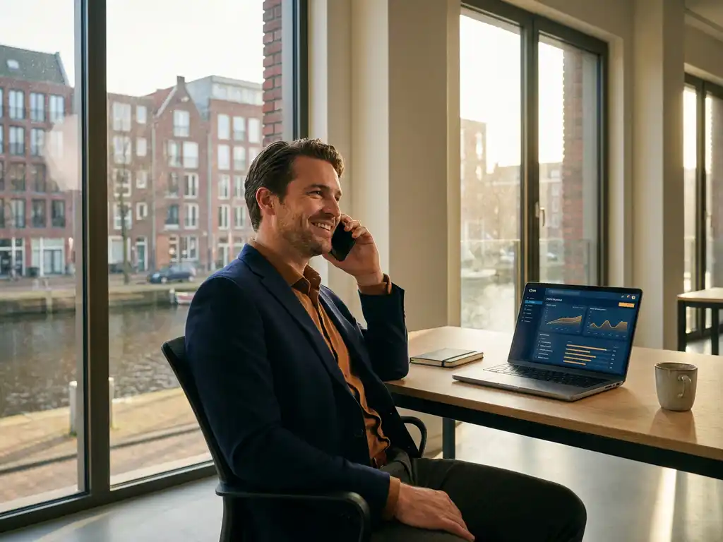 Salesperson closing a deal on a phone call beside a glowing CRM dashboard in a sunlit Amsterdam office with floor-to-ceiling windows.