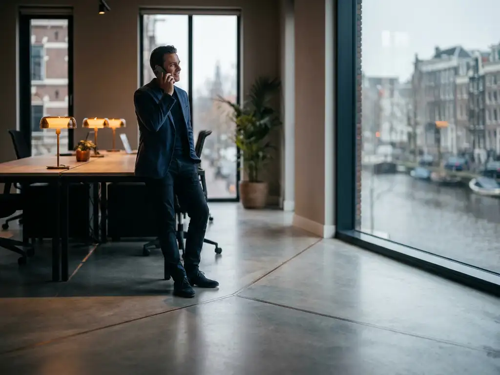 Salesperson at a crossroads holding a phone, choosing between outbound and inbound sales paths in an Amsterdam canal-view office.