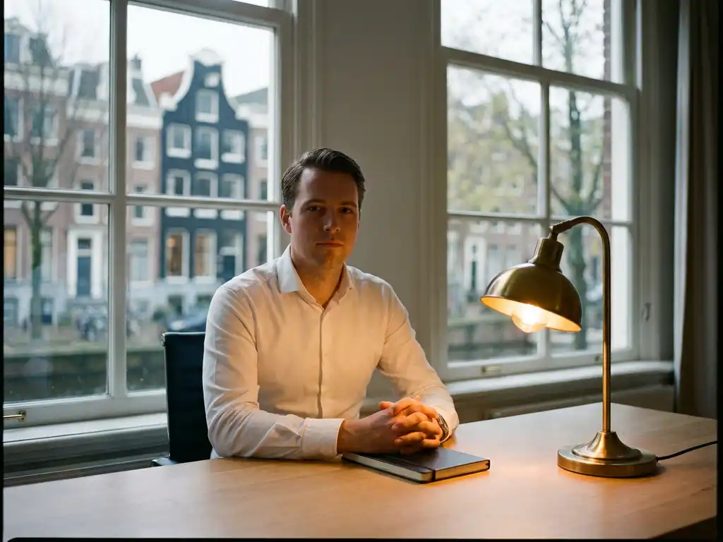 Salesperson in a white shirt sitting at a minimalist desk with a closed notebook, warm lamp light, Amsterdam canal windows in the background.