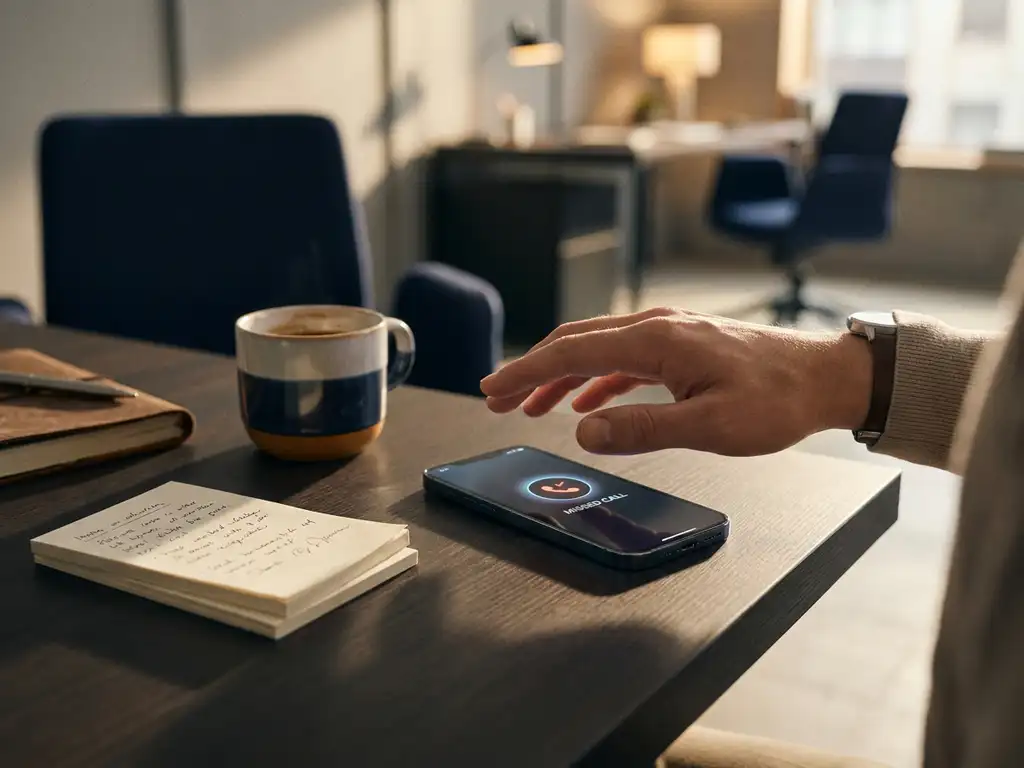 Salesperson's hand hovering over smartphone showing unanswered call, handwritten follow-up notes and cold coffee on minimalist desk.