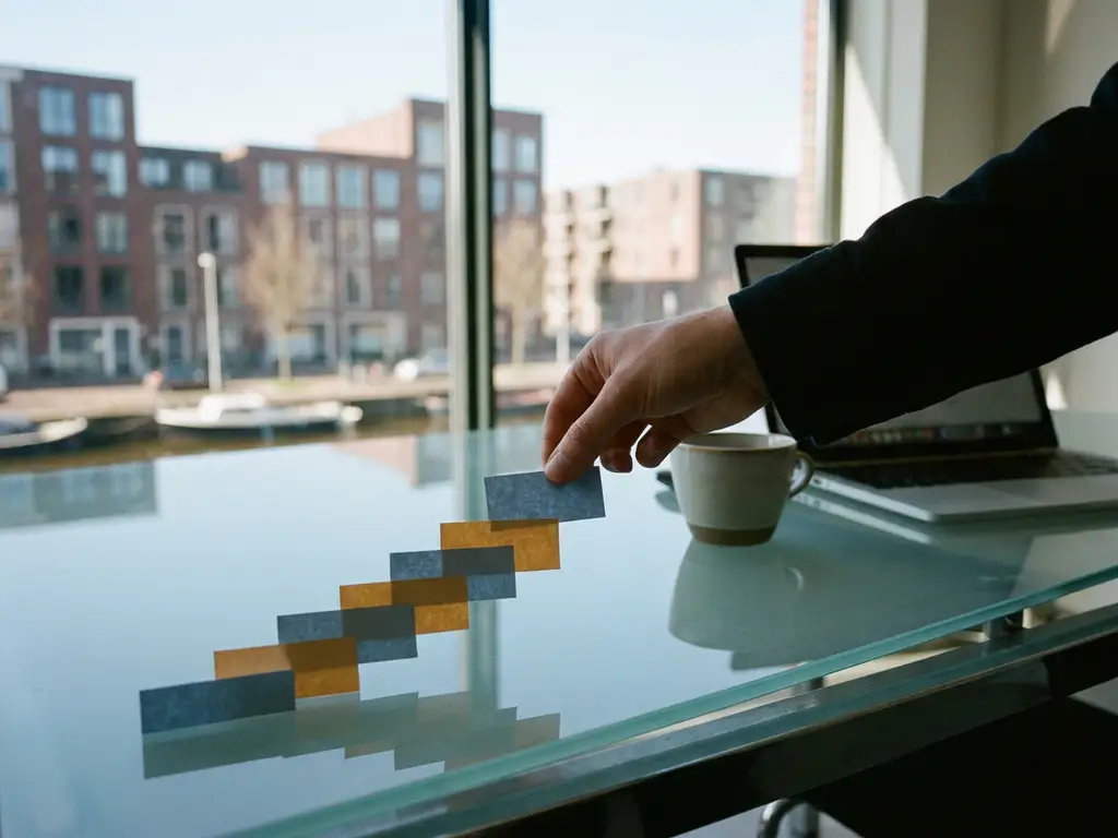 Salesperson arranging colorful sticky notes in a staircase pattern on a glass desk in a sunlit Amsterdam office.