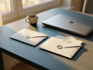 Two sealed envelopes on a modern desk, one torn open revealing a folded letter, with a laptop and espresso cup softly blurred behind.