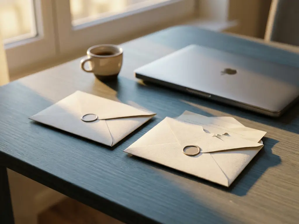 Two sealed envelopes on a modern desk, one torn open revealing a folded letter, with a laptop and espresso cup softly blurred behind.