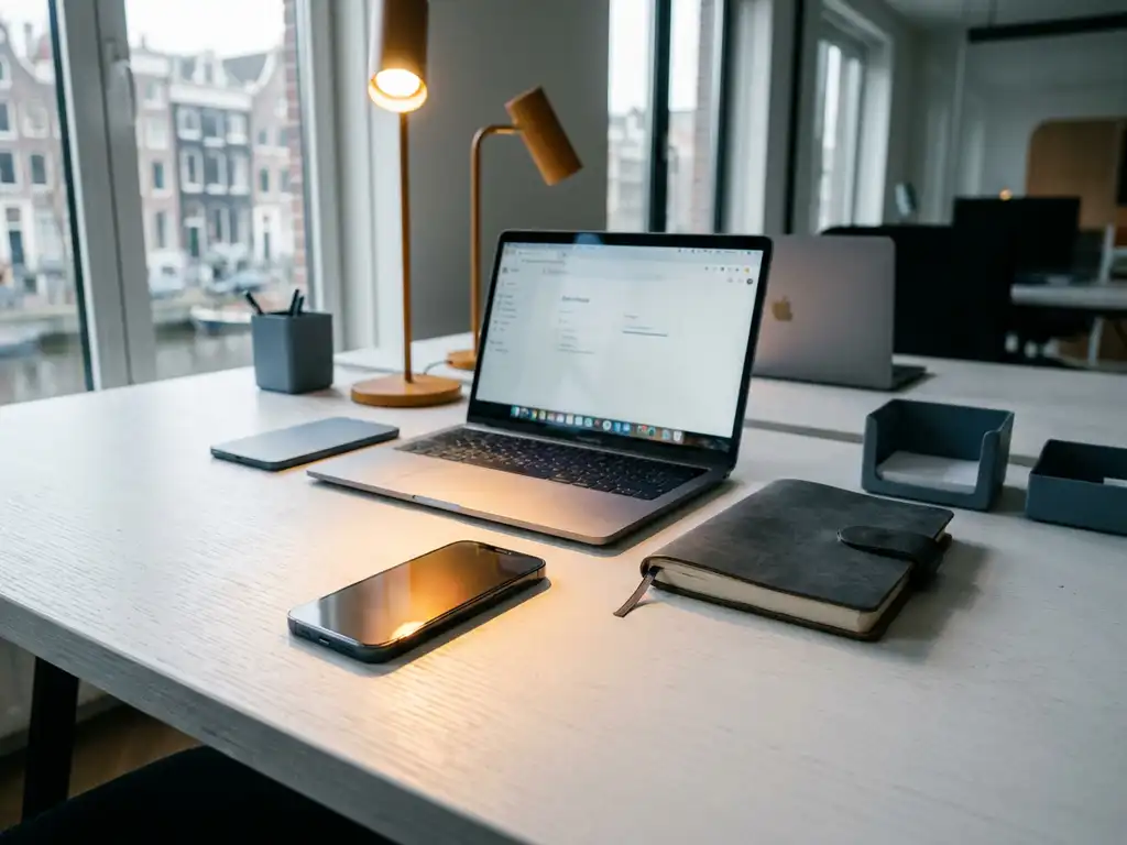 Smartphone, laptop, and notebook arranged in a triangle on a white desk, warm spotlight highlighting one device in a modern Amsterdam office.