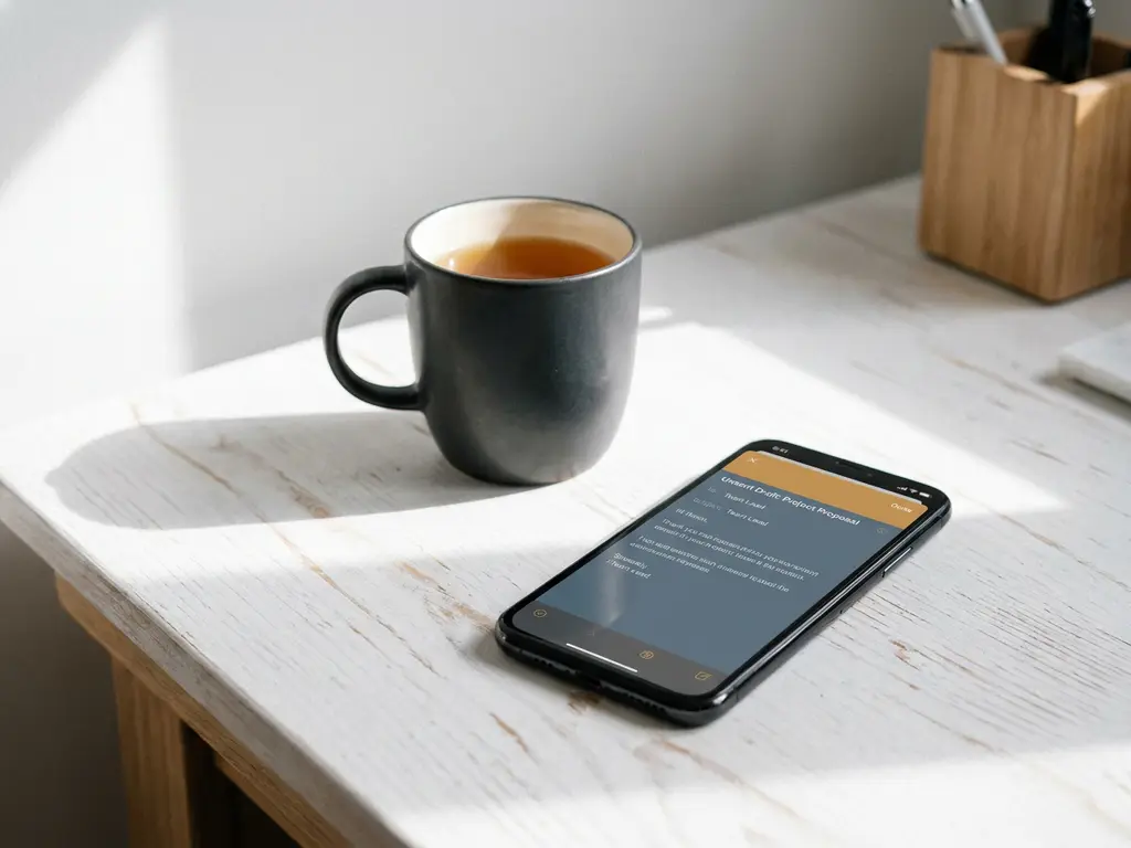 Smartphone with unsent email draft on a minimalist white desk beside a cold coffee cup casting a long shadow.