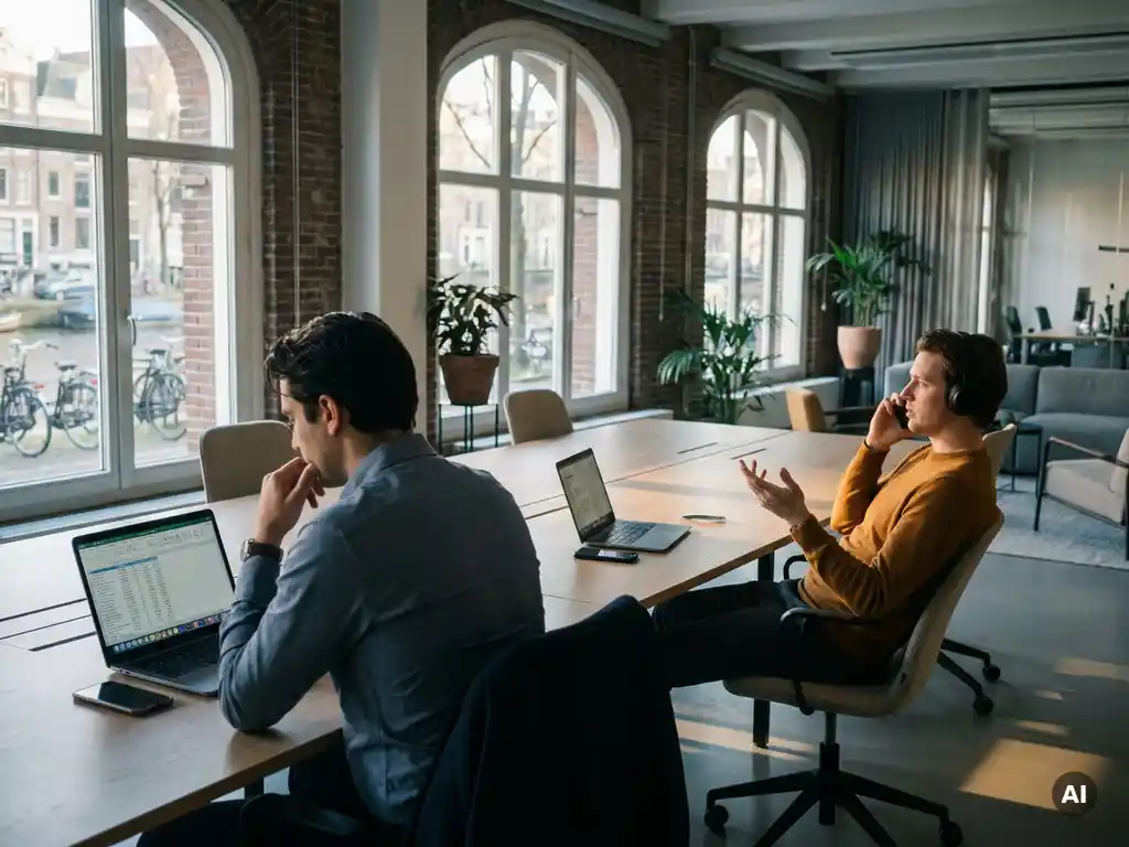 Two sales professionals working independently at a long minimalist desk in a sunlit Amsterdam office, one on a laptop and one on a phone call.
