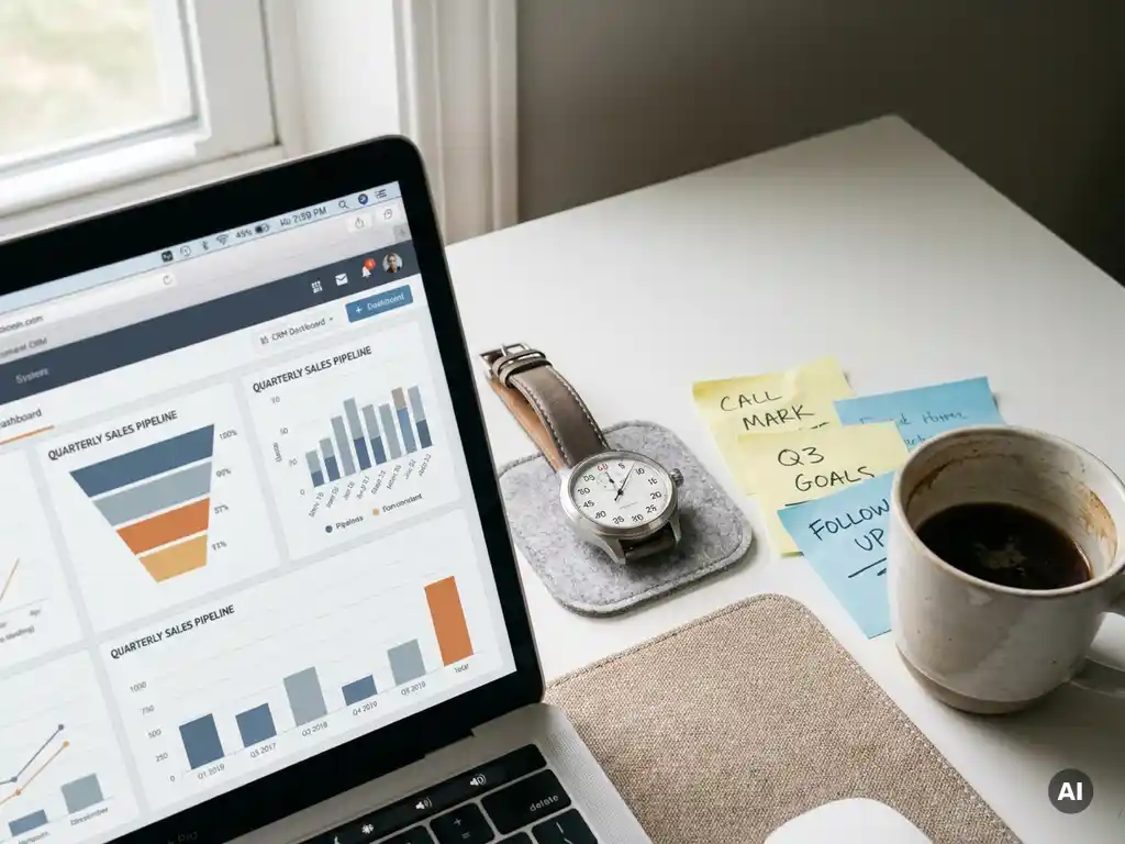 CRM dashboard on open laptop beside analog stopwatch on white desk with sticky notes and coffee cup during a long sales workday.
