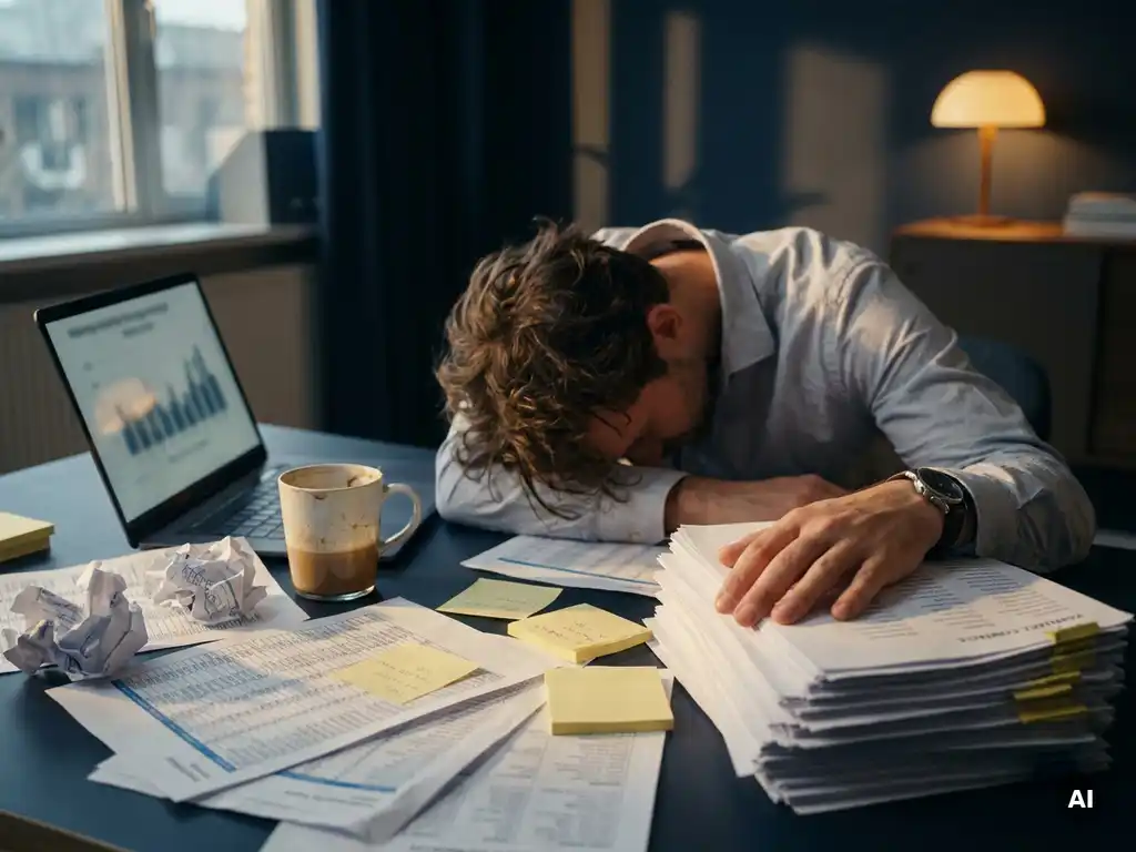 Exhausted sales rep slumped at a cluttered desk covered in spreadsheets, sticky notes, and paper contact lists beside a cold coffee and open laptop.