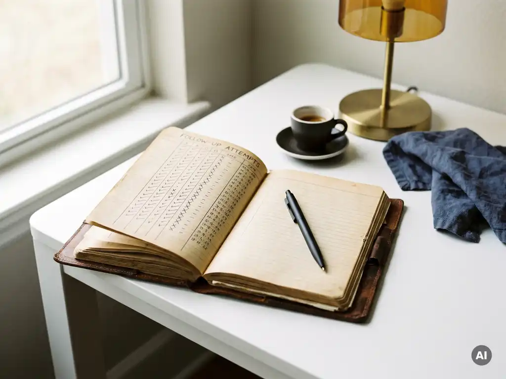 Worn leather notebook open to ruled follow-up tally marks, ballpoint pen resting across it, cold espresso nearby on a white desk.