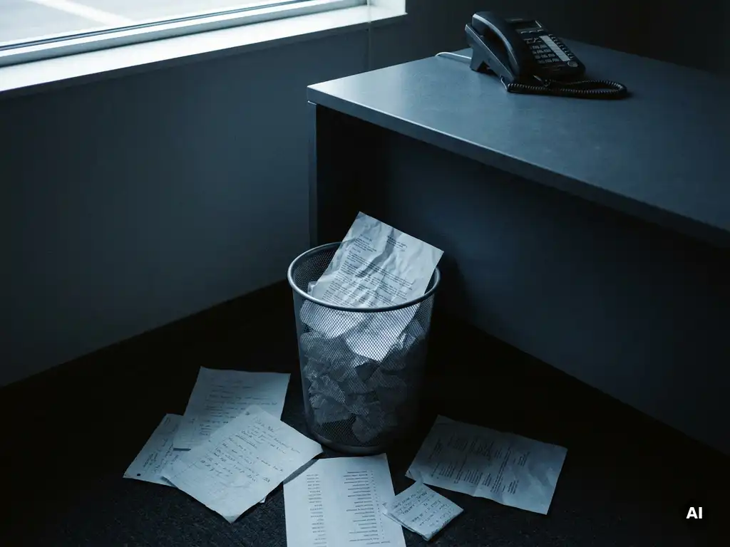 Crumpled outbound sales plan discarded in a wastepaper basket beside cold-call notes, prospect lists, and an untouched phone on a grey desk.