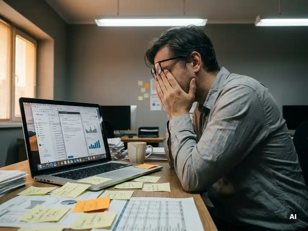 Sales professional overwhelmed by cluttered laptop, sticky notes, and spreadsheets on office desk, struggling with disorganized sales data.