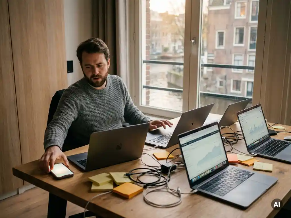 Sales professional overwhelmed at cluttered desk with multiple laptops, sticky notes, and tangled cables, reaching for ringing phone in Amsterdam office.