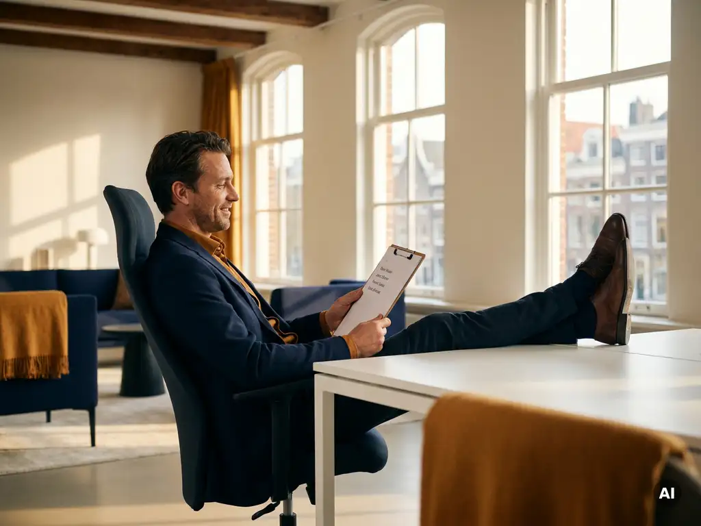 Sales professional relaxing in ergonomic chair with feet on desk, reviewing a short prospect list in a sunlit Amsterdam-style office.