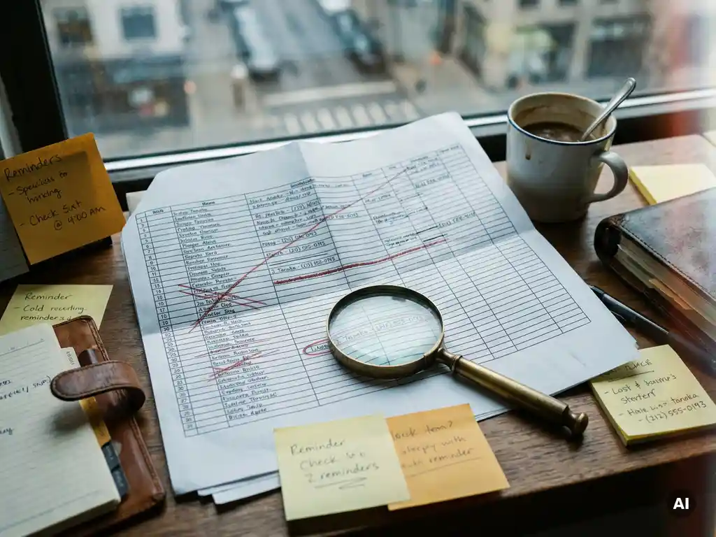 Sales professional's desk with annotated spreadsheet, magnifying glass circling a contact, sticky notes, and cold coffee in warm amber light.